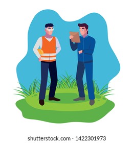 builder constructor with engineer on the lawn