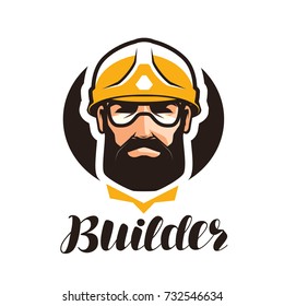 Builder, constructor logo. Industry, support, service, repair, overhaul icon or symbol. Portrait of worker in helmet