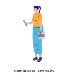 constructor mujer con pincel de pintura y diseño de ilustración vectorial de cartón