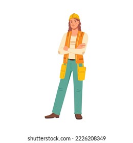 Builder or contractor, architect or designer on construction site. Isolated woman wearing hardhat. Personage or character, vector in flat cartoon style