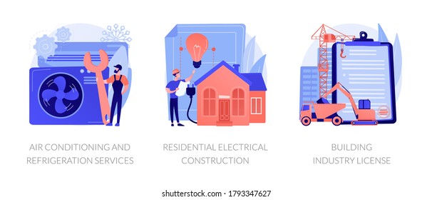 Builder contractor services abstract concept vector illustration set. Air conditioning and refrigeration services, residential electrical construction, building industry license abstract metaphor.