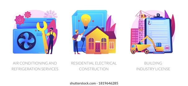 Builder contractor services abstract concept vector illustration set. Air conditioning and refrigeration services, residential electrical construction, building industry license abstract metaphor.