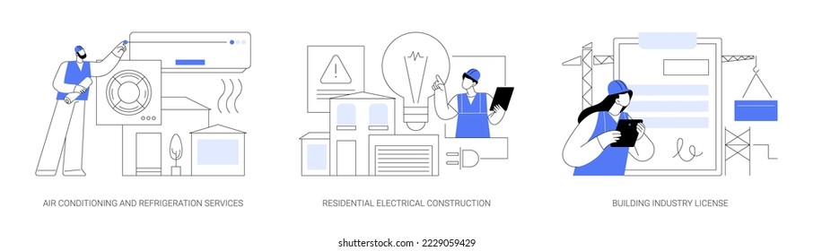 Builder contractor services abstract concept vector illustration set. Air conditioning and refrigeration services, residential electrical construction, building industry license abstract metaphor.