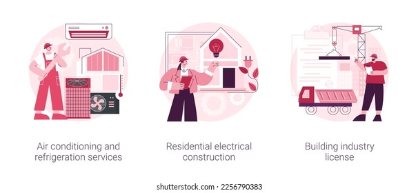 Builder contractor services abstract concept vector illustration set. Air conditioning and refrigeration services, residential electrical construction, building industry license abstract metaphor.