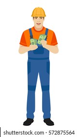 Builder counts the money. Full length portrait of builder in a flat style. Vector illustration.