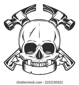Builder crossed hammers from new construction and remodeling house business with skull and ribbon in monochrome vintage style illustration