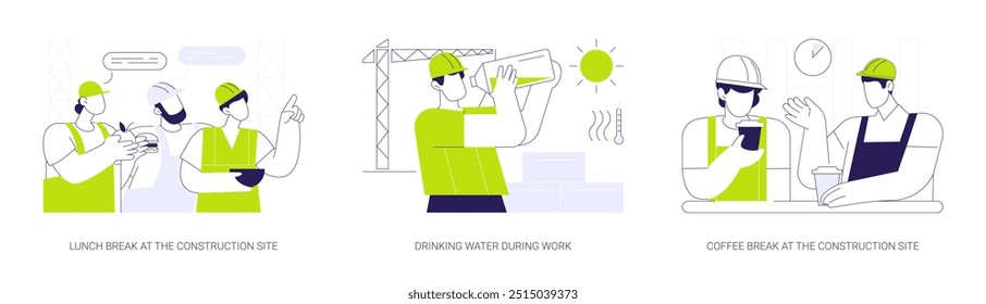 Conjunto de Ilustración vectorial de concepto abstracto de rutina diaria del constructor. Pausa para el almuerzo en el sitio de construcción, agua potable durante el trabajo, pausa para el café, contratistas comiendo juntos metáfora abstracta.