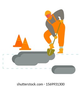 Constructor cavando suelo con pala. Trabajador con overoles de naranja y casco con espacio para la extracción de tierra y arena. Proceso de construcción de reparación de carreteras en el lugar de construcción Ilustración de vectores planos de caricatura