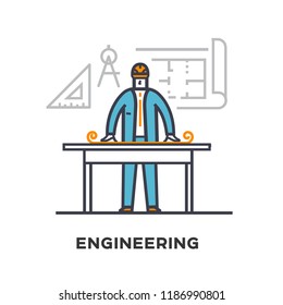 Builder drawing a building plan. Stages of construction. lined icon, icons. Advertising booklet site infographic Vector illustration