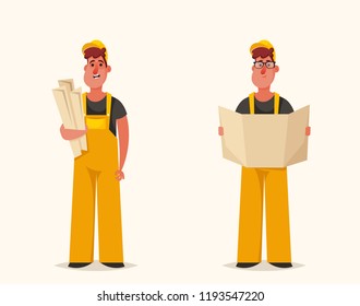 Builder with Drawings. Cartoon Style. Vector Illustration