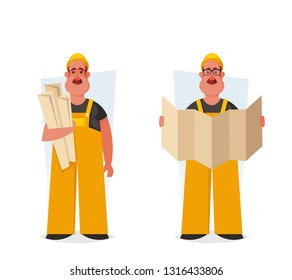 Builder with Drawings. Cartoon Style. Vector Illustration