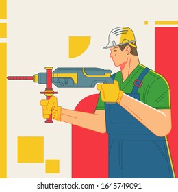 Builder with a drill in his hands, drills a wall. Realistic flat style illustration.