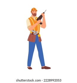 Builder with drill, isolated handyman with tool kit and instruments for repairing and construction. Personage or character, vector in flat cartoon style