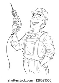 builder with drill vector illustration isolated on white background. Vector Illustration.