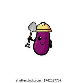 Builder Eggplant Cartoon Vector Illustration Mascot. Cute, Outline, And Funny Style Design. Recomended For Vegetable Logo Shop.