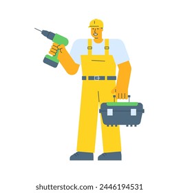 Builder electric screwdriver and holding suitcase. Vector Illustration