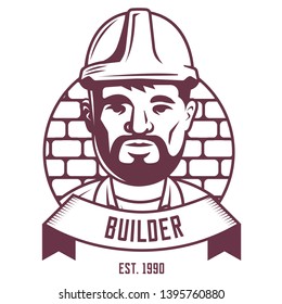 Builder emblem on a brick wall background with ribbon. character vector logo.