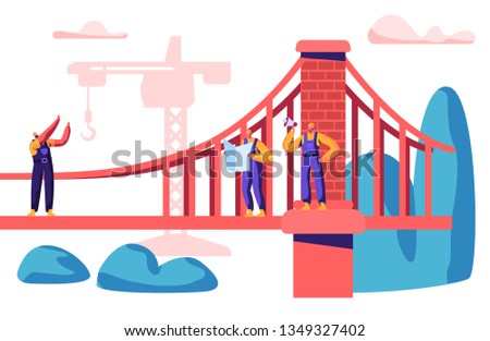 Builder and Engineer Build Bridge with Construction Crane. Group of Employee Building Gate with Brick. Worker Project Architecture with Construction Machinery Flat Cartoon Vector Illustration