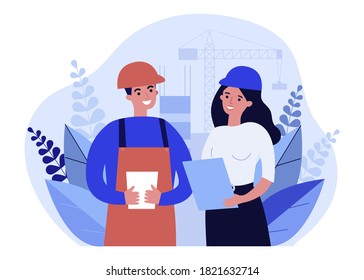 Builder and engineer discussing building plan. Helmet, draft, crane flat vector illustration. Architecture and construction concept for banner, website design or landing web page