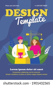 Builder and engineer discussing building plan. Helmet, draft, crane flat vector illustration. Architecture and construction concept for banner, website design or landing web page