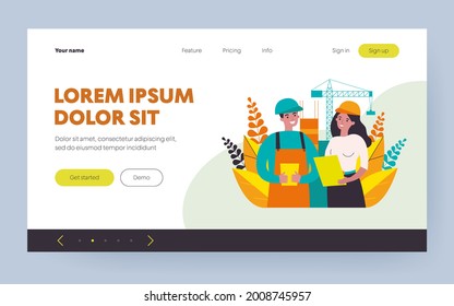 Builder and engineer discussing building plan. Helmet, draft, crane flat vector illustration. Architecture and construction concept for banner, website design or landing web page