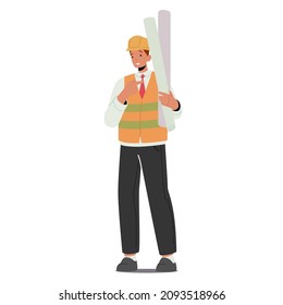 Builder, Engineer or Foreman Character with Blueprint. Architect with House Plan Scroll, Professional Architecture Constructor Worker Isolated on White Background. Cartoon People Vector Illustration