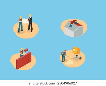 Builder and engineer look at draft. Foremen, workers install construction 3d isometric vector illustration