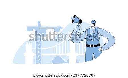 Builder or Engineer with Loudspeaker Managing Bridge Building Process with Construction Crane. Employee Foreman Worker Project Architecture with Construction Machine. Line Art Flat Vector Illustration