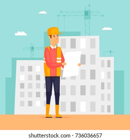 Builder, engineer, on a construction site with a plan. Flat design vector illustration.