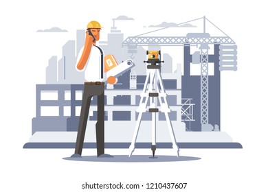 Builder engineer phone calling on construction. Foreman in helmet business communication concept . Flat. Vector illustration.