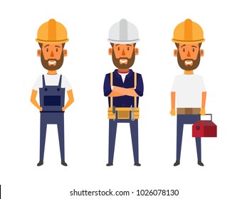 Builder engineer technician mechanic cute mascot happy support approval characters cartoon set design. Construction workers engineer foreman employee.