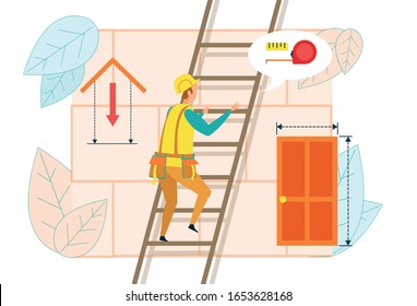 Builder Engineer at Work. Carpenter or Carpenter Wearing Safety Helmet and Uniform with Instruments Belt Work on Location Construction Site Climbing on House Roof. Cartoon Flat Vector Illustration