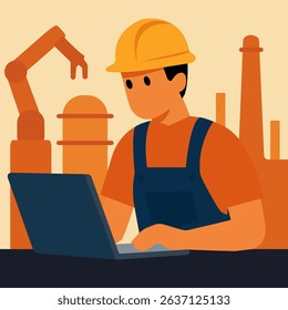 Builder engineer works in a helmet at a laptop. Vector stock illustration eps10.