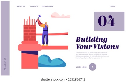 Builder Engineering Bridge with Brick and Hammer Landing Page. Architect Man Building Gate. Worker Engineer Construct Architecture Object Website or Web Page. Flat Cartoon Vector Illustration