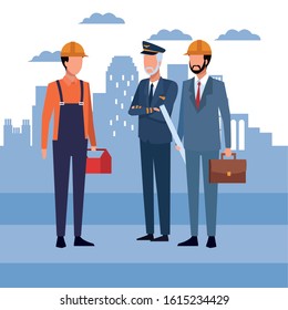 Builder with enginner and pilot standing over city urban background, colorful design, vector illustration