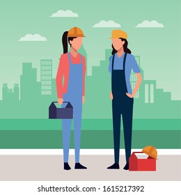 Builder And Enginner Women Standing Icon Over Green Background Of Urban City, Colorful Design, Vector Illustration