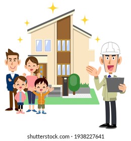 Un constructor y una familia de tres personas sonriendo frente a una nueva casa
