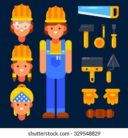 Builder female and items for building and repair. Vector flat illustration.
