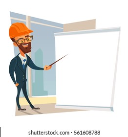 Builder foreman worker man character making presentation. Vector flat cartoon illustration