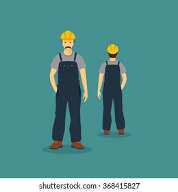 Builder, front and back image. A colorful poster , vector illustration.