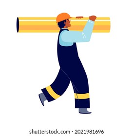 Builder of gas and oil factories in uniform and yellow helmet holdung pipe. Flat cartoon vector illustration isolated on white background. Construction worker, pipelayer on rig plant.