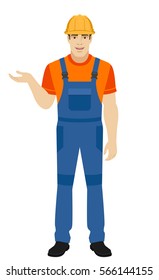 Builder gesturing. Full length portrait of builder in a flat style. Vector illustration.