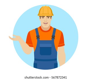 Builder gesturing. Portrait of builder in a flat style. Vector illustration.