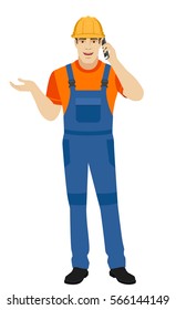 Builder gesturing and talking on the mobile phone. Full length portrait of builder in a flat style. Vector illustration.