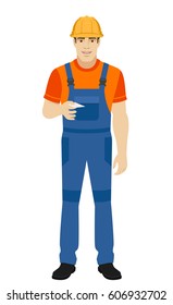 Builder gives a business card. Full length portrait of builder in a flat style. Vector illustration.
