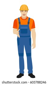 Builder gives a hand for a handshake. Full length portrait of builder in a flat style. Vector illustration.