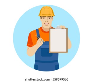 Builder giving pen for your signature on clipboard. Portrait of builder in a flat style. Vector illustration.