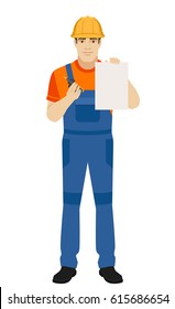 Builder giving pen for your signature on paper. Full length portrait of builder in a flat style. Vector illustration.