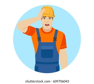 Builder grabbed his head. Portrait of builder in a flat style. Vector illustration.