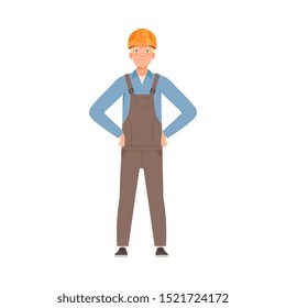 Builder in gray overalls is standing. Front view. Vector illustration.